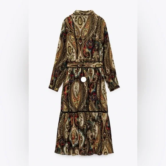 Zara Alabama Belted Midi Shirt Dress Women’s Medium Gold Paisley Lurex Button Up - Picture 2 of 13